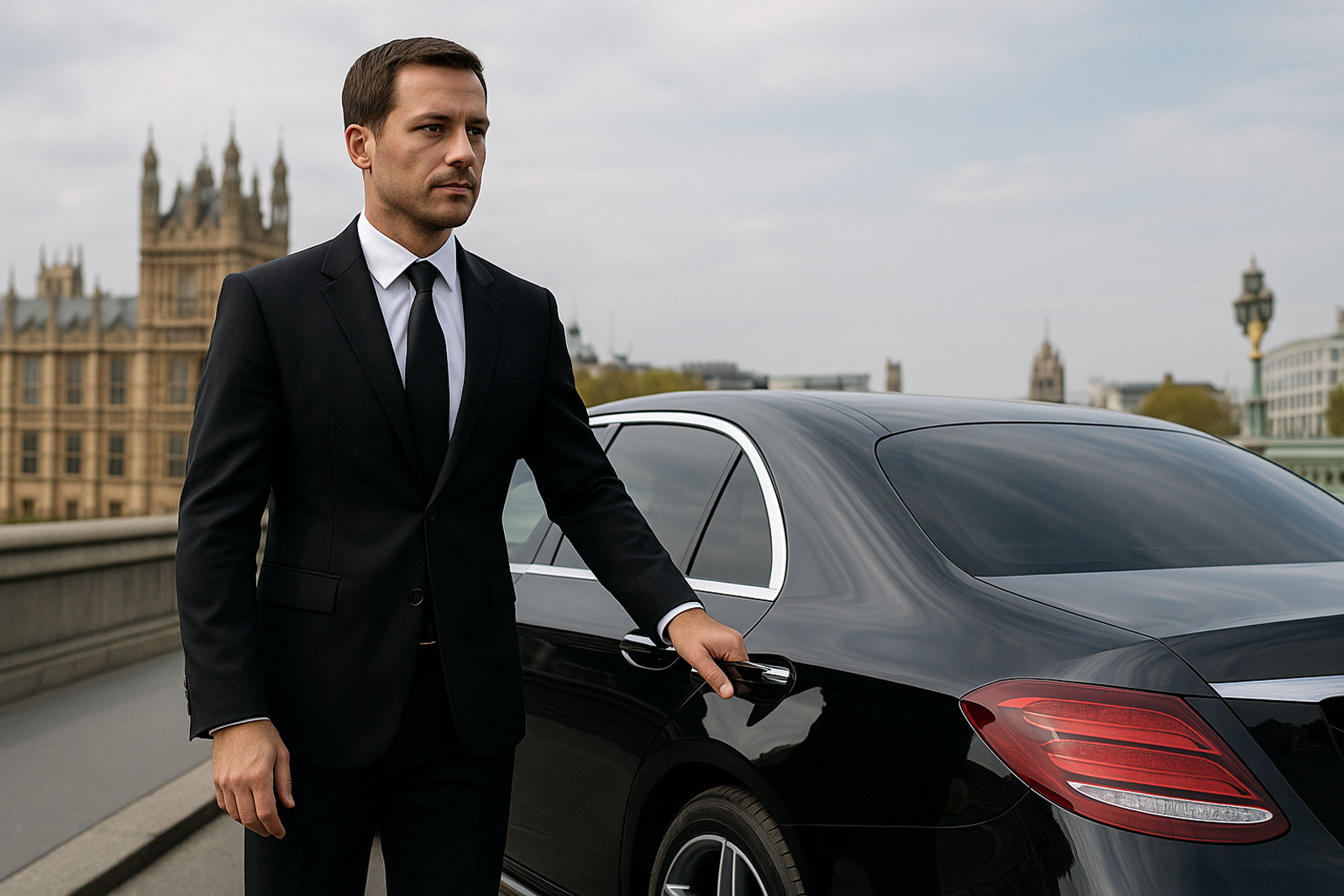 Chauffeur beside Black Mercedes-Benz chauffeur car in front of Houses of Parliament in London