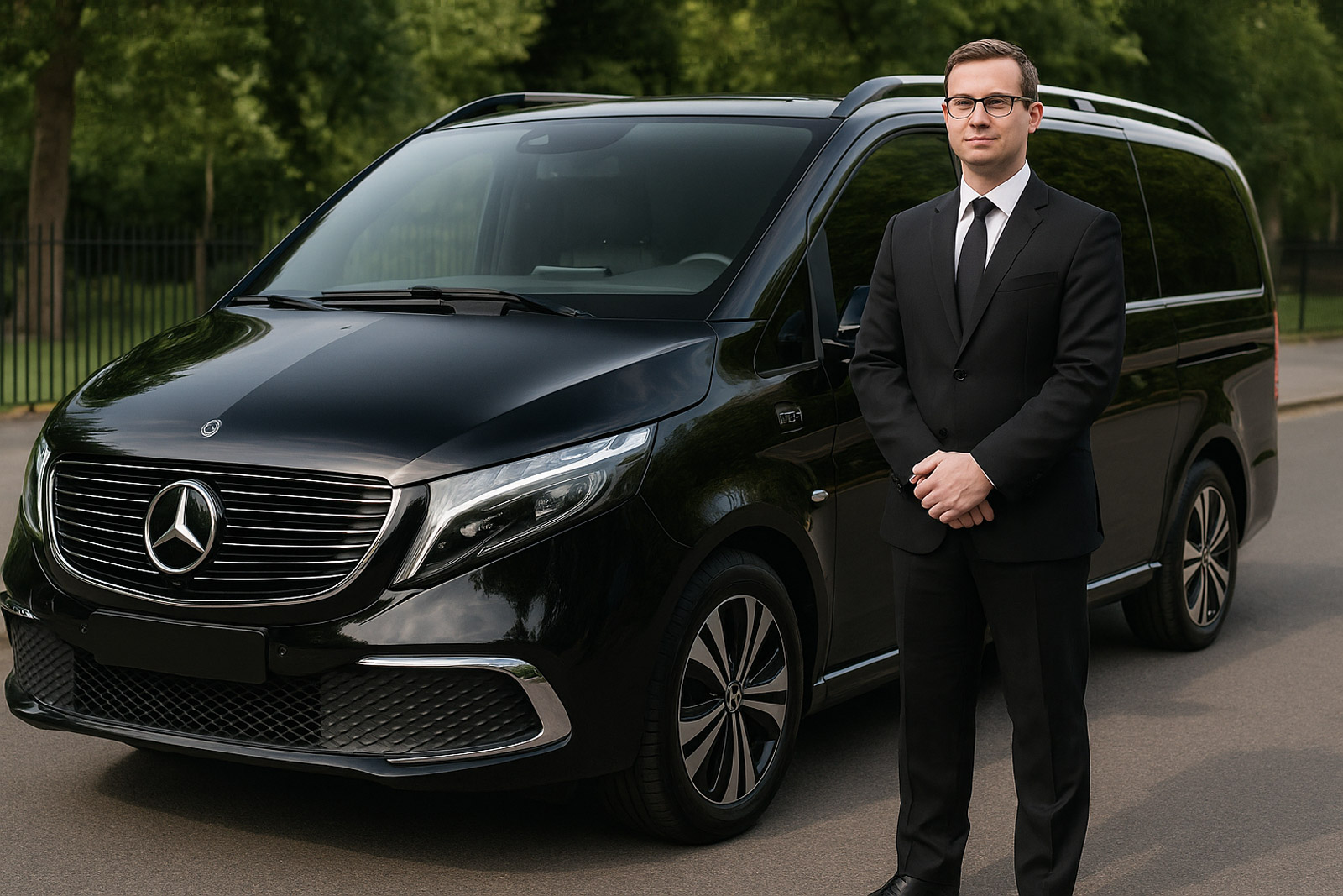Chauffeur in dark suit standing beside black Mercedes-Benz EQV EV
