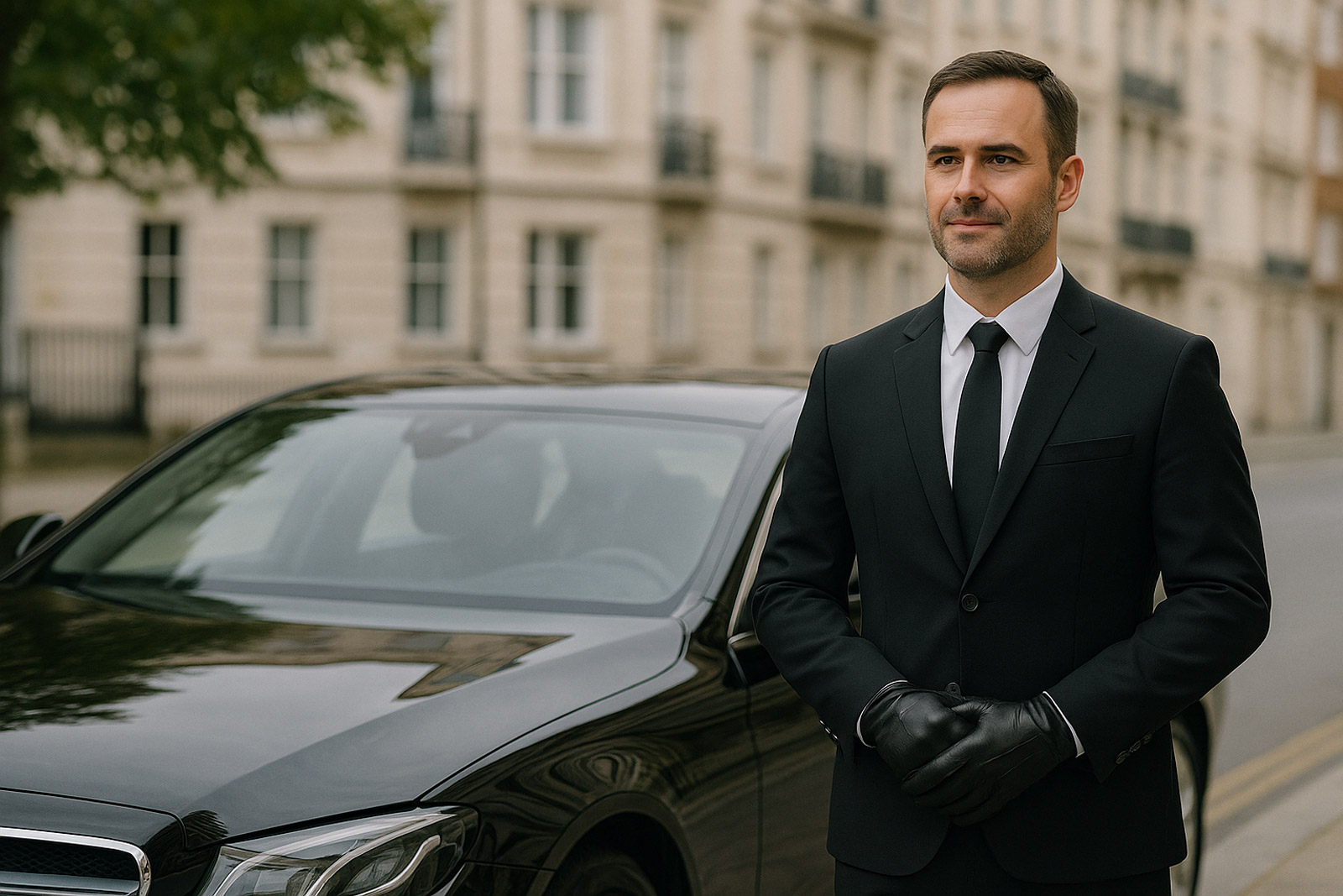 Smart chauffeur standing beside Mercedes chauffeur car in London